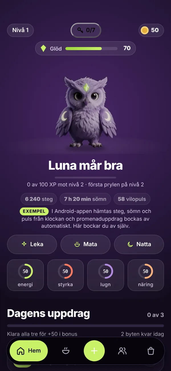 Hemskärmen: Luna mår bra, med glöd, steg, sömn, puls och dagens uppdrag