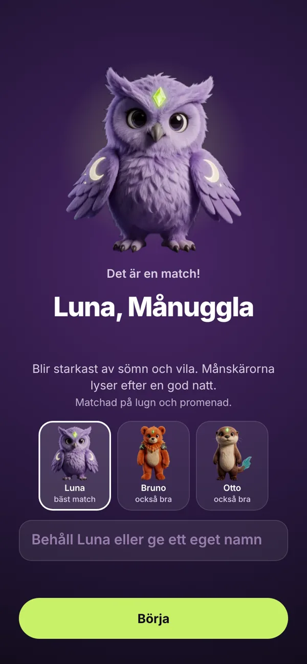 Matchningen: Luna, Månuggla, med Bruno och Otto som alternativ