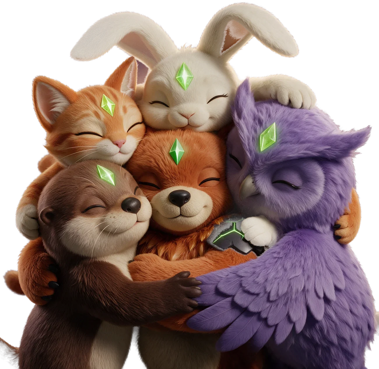 Alla fem fitchis kramas: Kit, Hugo, Otto, Bruno och Luna